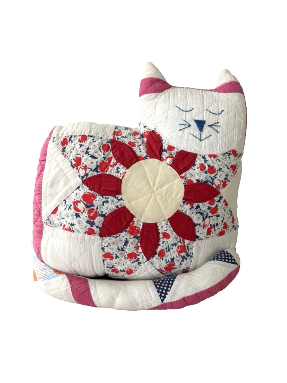 Quilted Cat Pillow Floral Patchwork Folk Art Primitive Country Cottage